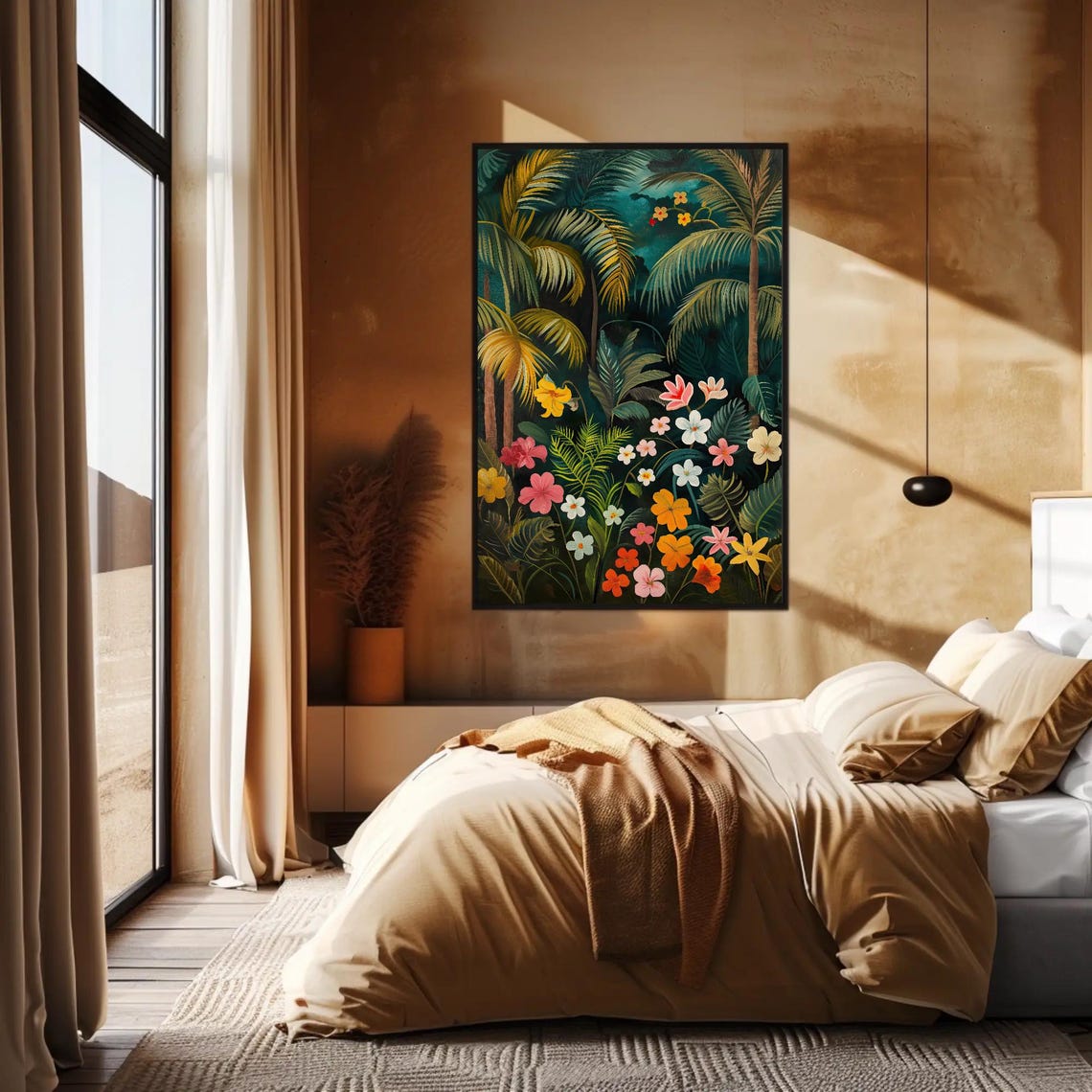 Night Jungle Palm Trees Hibiscus Tropical Floral Art Wall Poster - Image 3