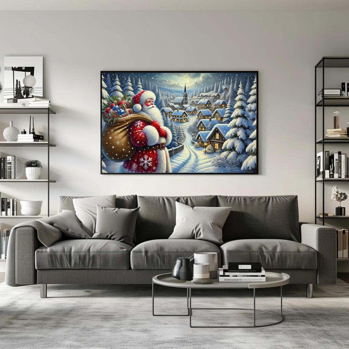 Santa Claus Overlooking A Snowy Christmas Village Night Poster - Image 5