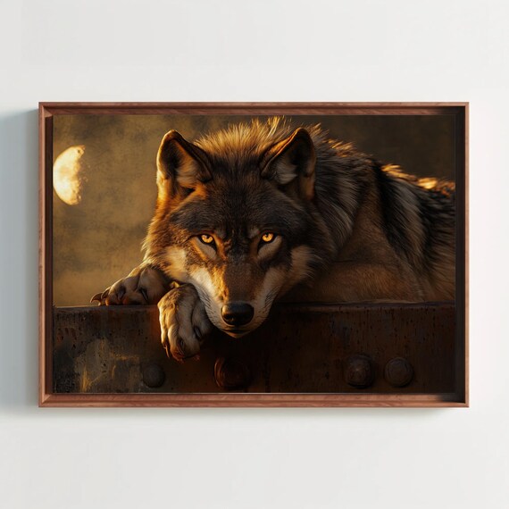 Wolf Resting Under A Half Moon Mystical Night Wildlife Art Poster