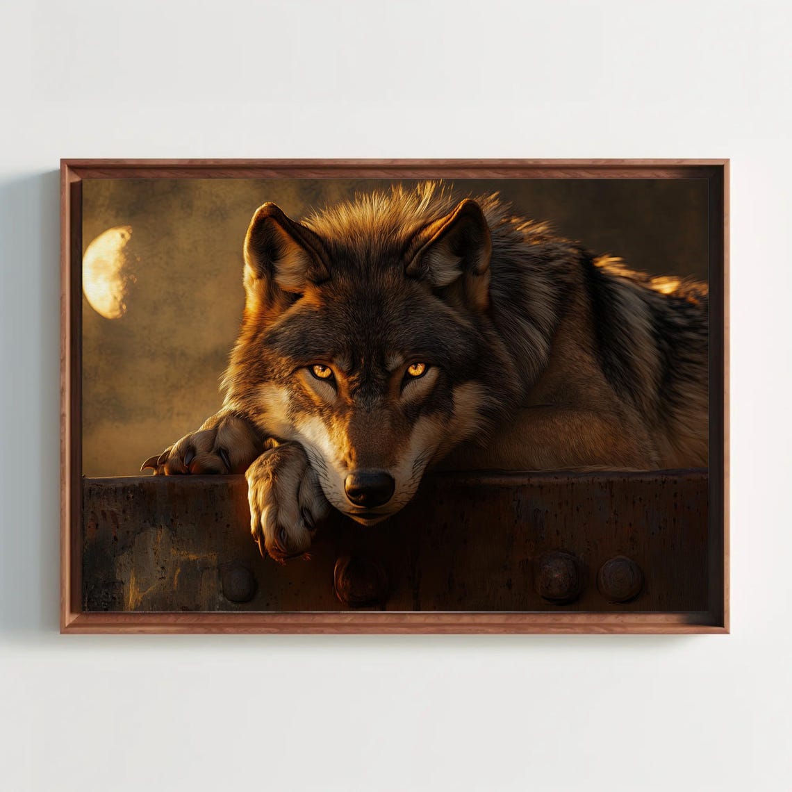 Wolf Resting Under A Half Moon Mystical Night Wildlife Art Poster