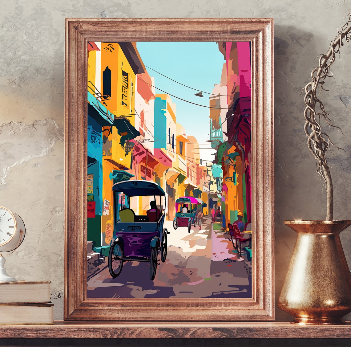 Old Delhi Street Cycle Rickshaws Vibrant India Travel Art Poster - Image 3