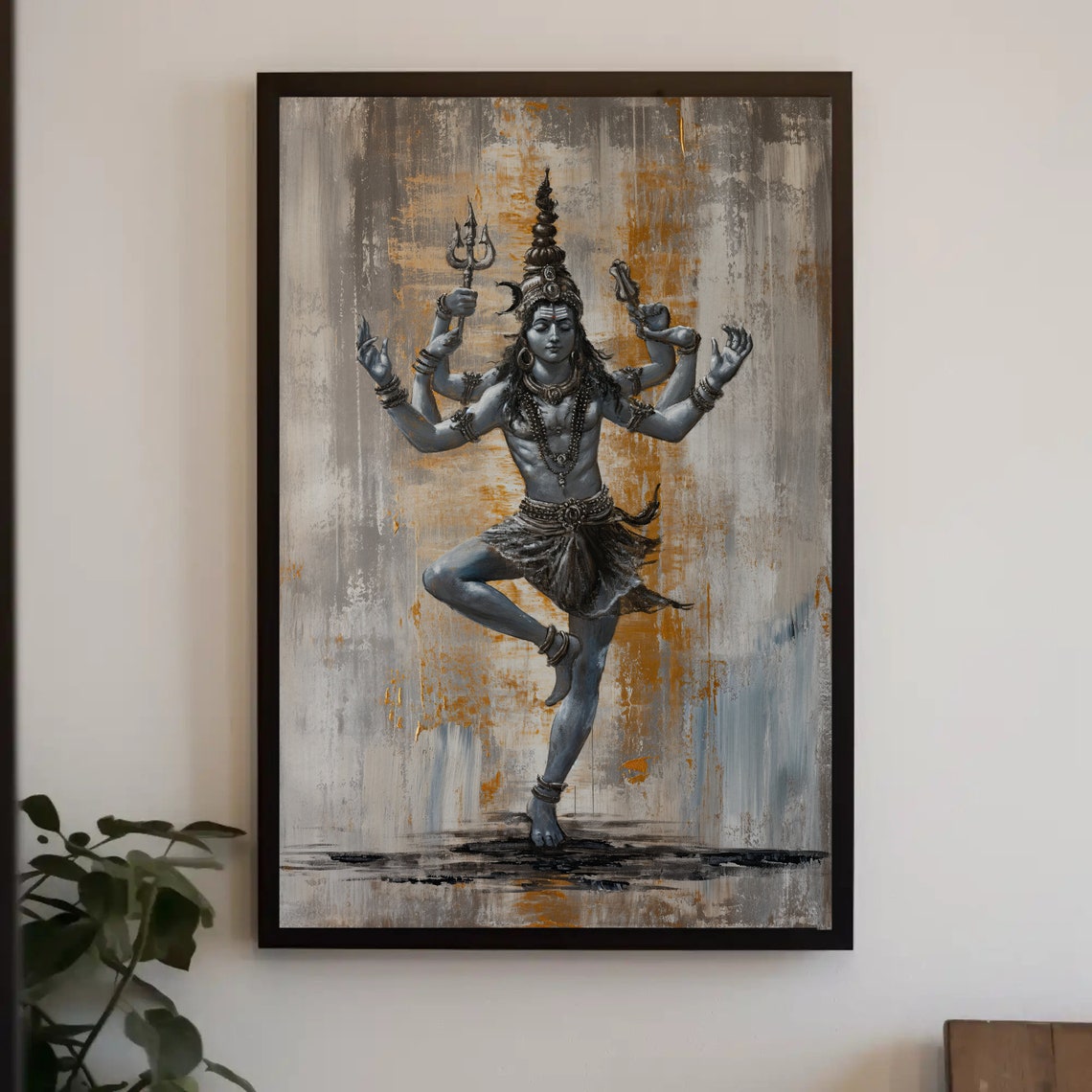 Dancing Shiva Nataraja with Trident Gray Gold Spiritual Poster