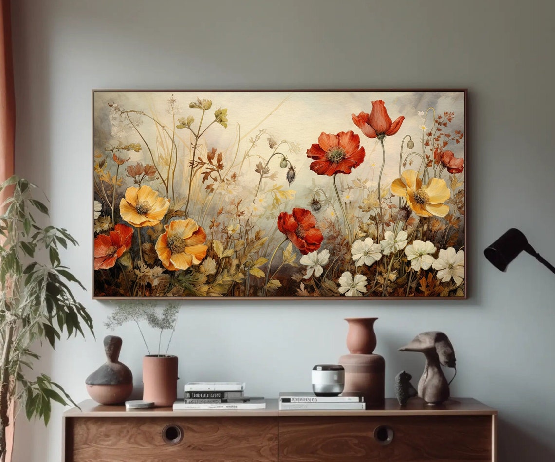 Vintage Wildflower Meadow Red Poppies Botanical Floral Wall Art