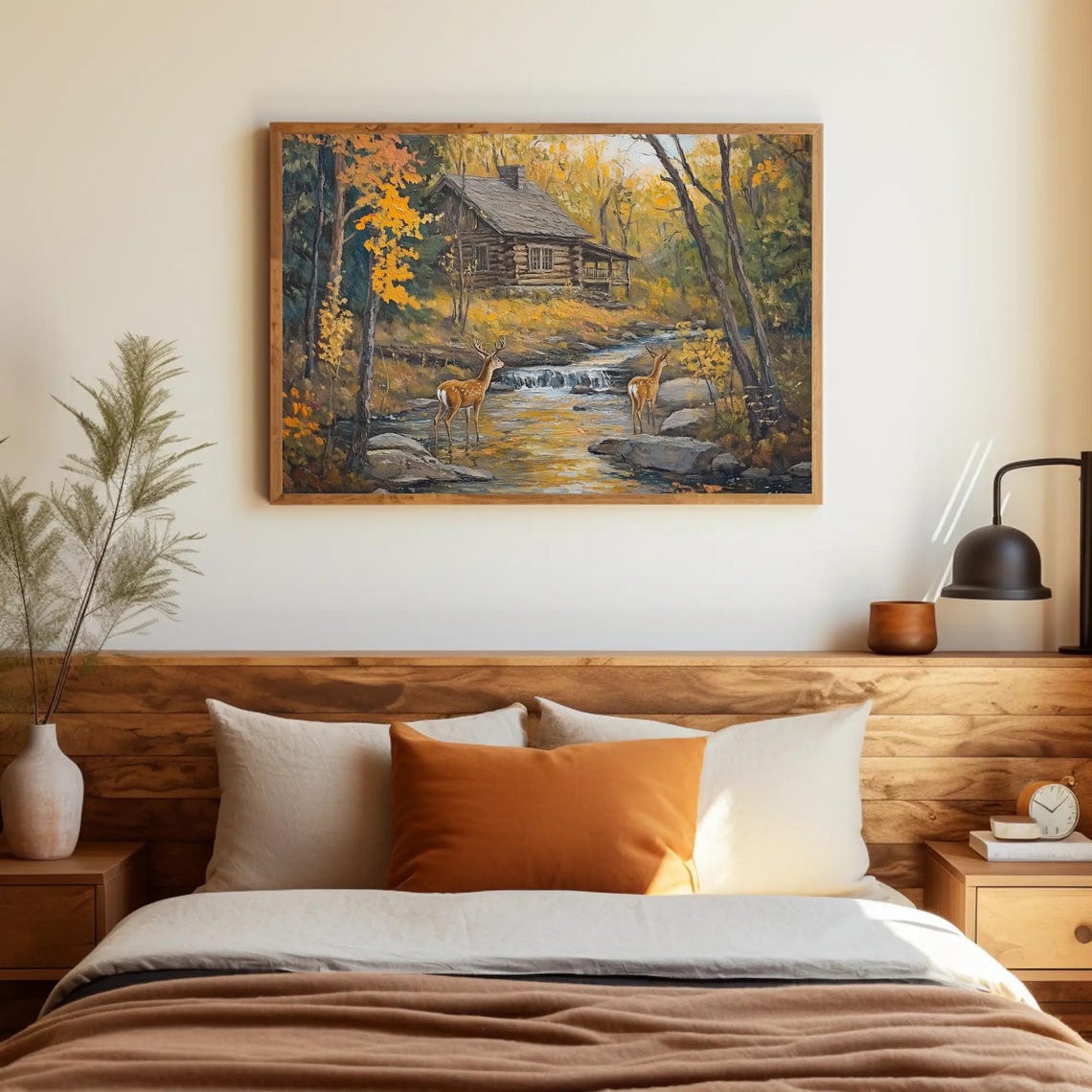 Rustic Log Cabin In Autumn Forest With Two Deer By Stream Poster - Image 3
