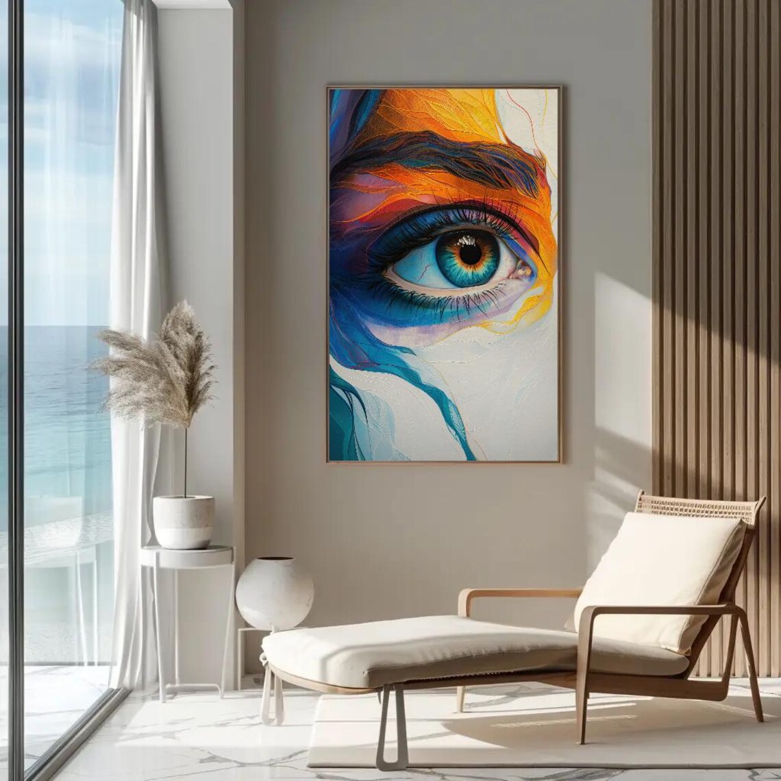 Striking Blue Eye Wrapped In Flowing Orange And Teal Strokes Poster - Image 5