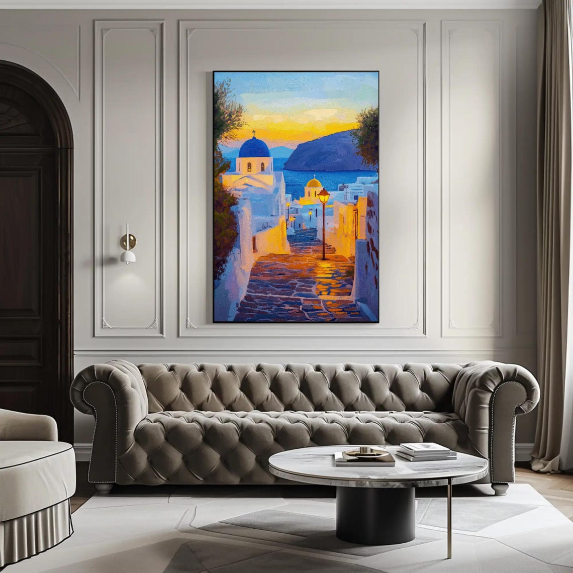 Santorini Evening Street With Blue Dome Church Sunset Greece Poster - Image 2