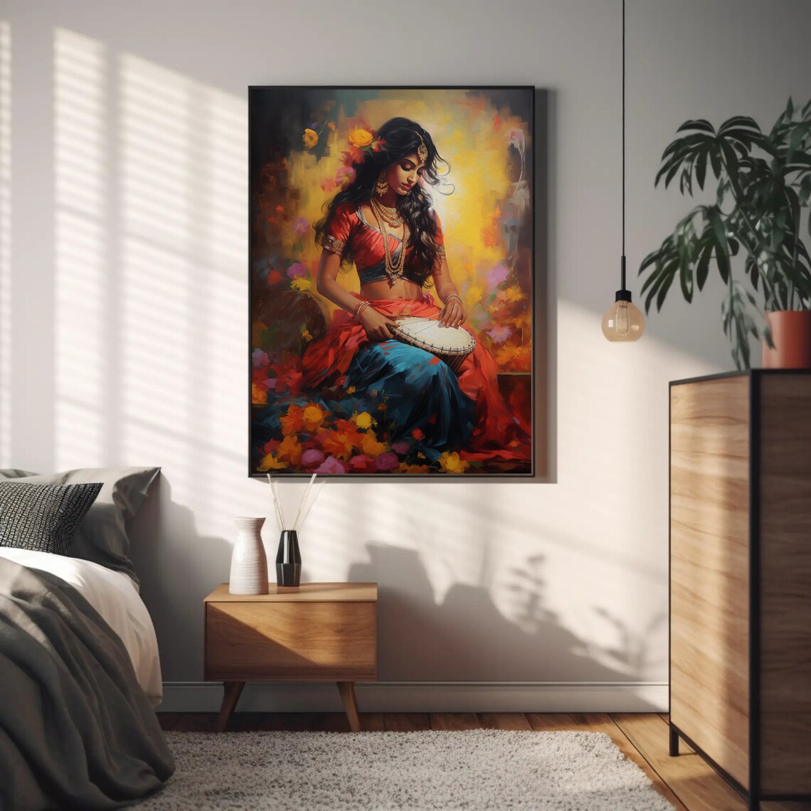 Indian Woman Playing Hand Drum in Red Sari Oil Painting Art Poster - Image 2