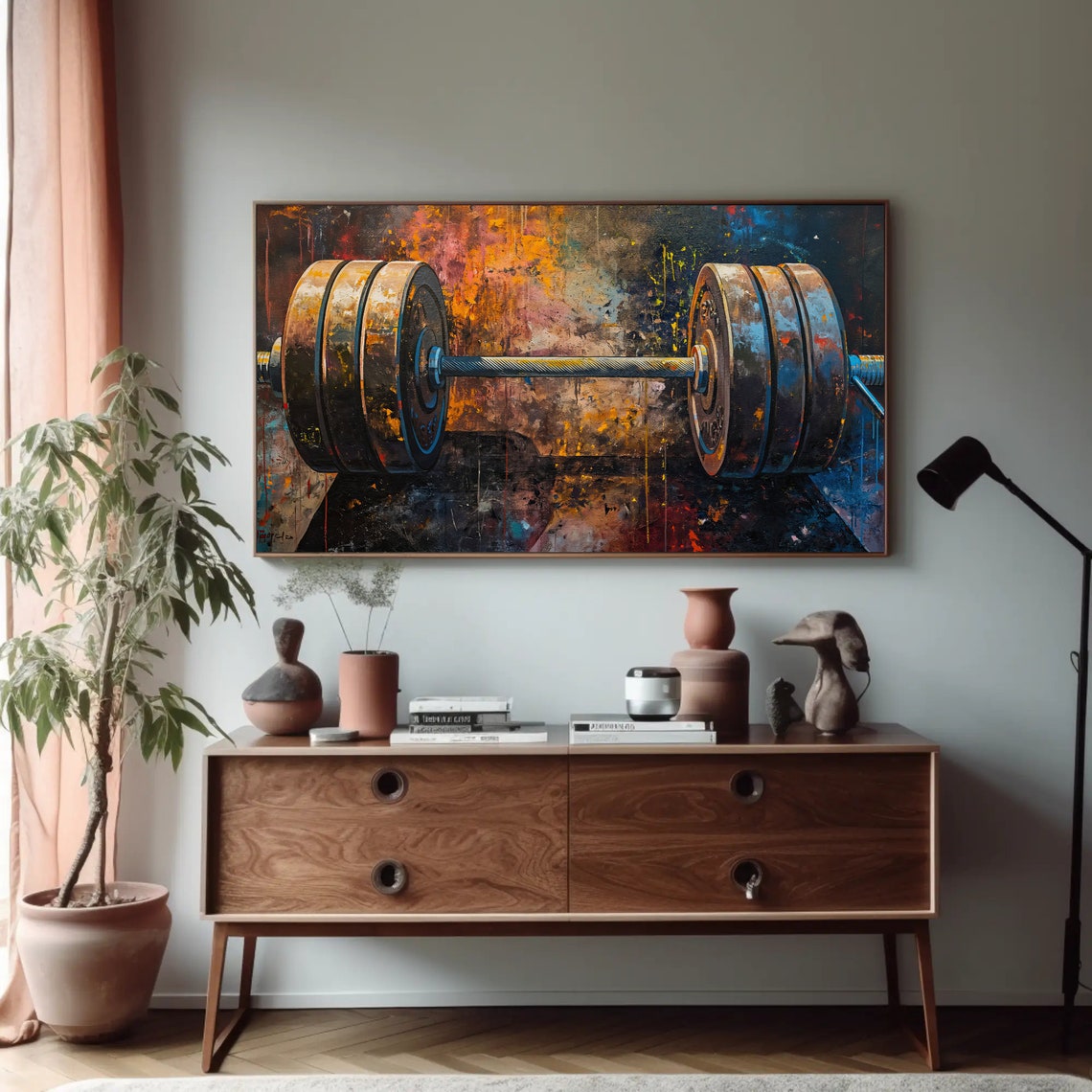 Rustic Barbell on Dark Graffiti Background Industrial Gym Decor Poster - Image 5