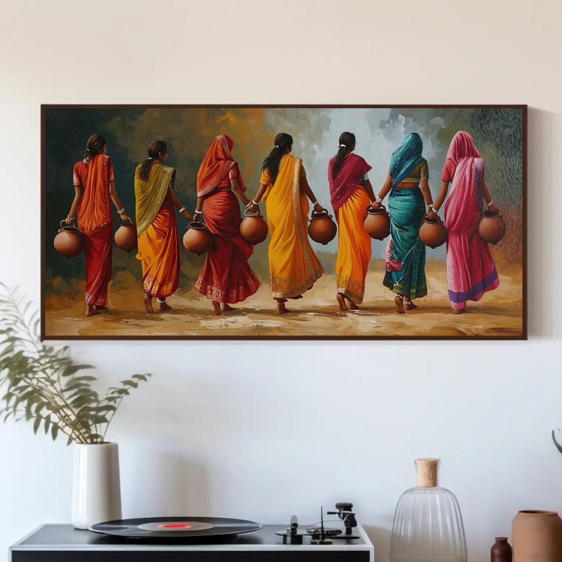 Indian Women Carrying Clay Pots in Bright Colorful Sarees Poster