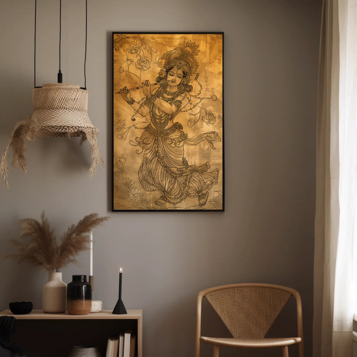 Lord Krishna Playing Flute Gold Line Art Hindu God Wall Poster - Image 5