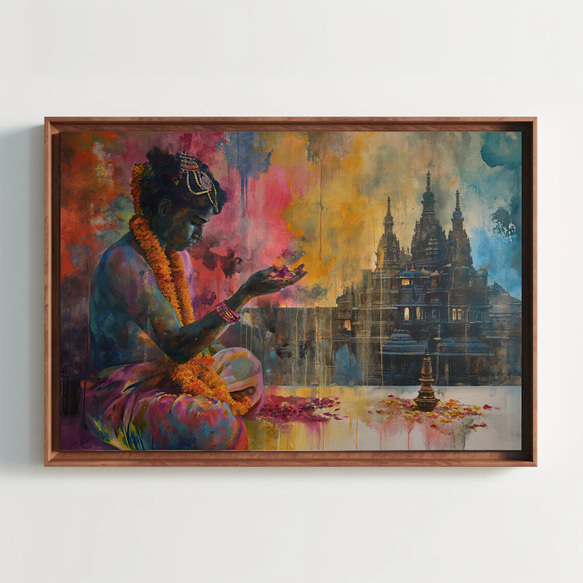 Indian Woman Temple Prayer Marigold Garland Colorful Art Poster