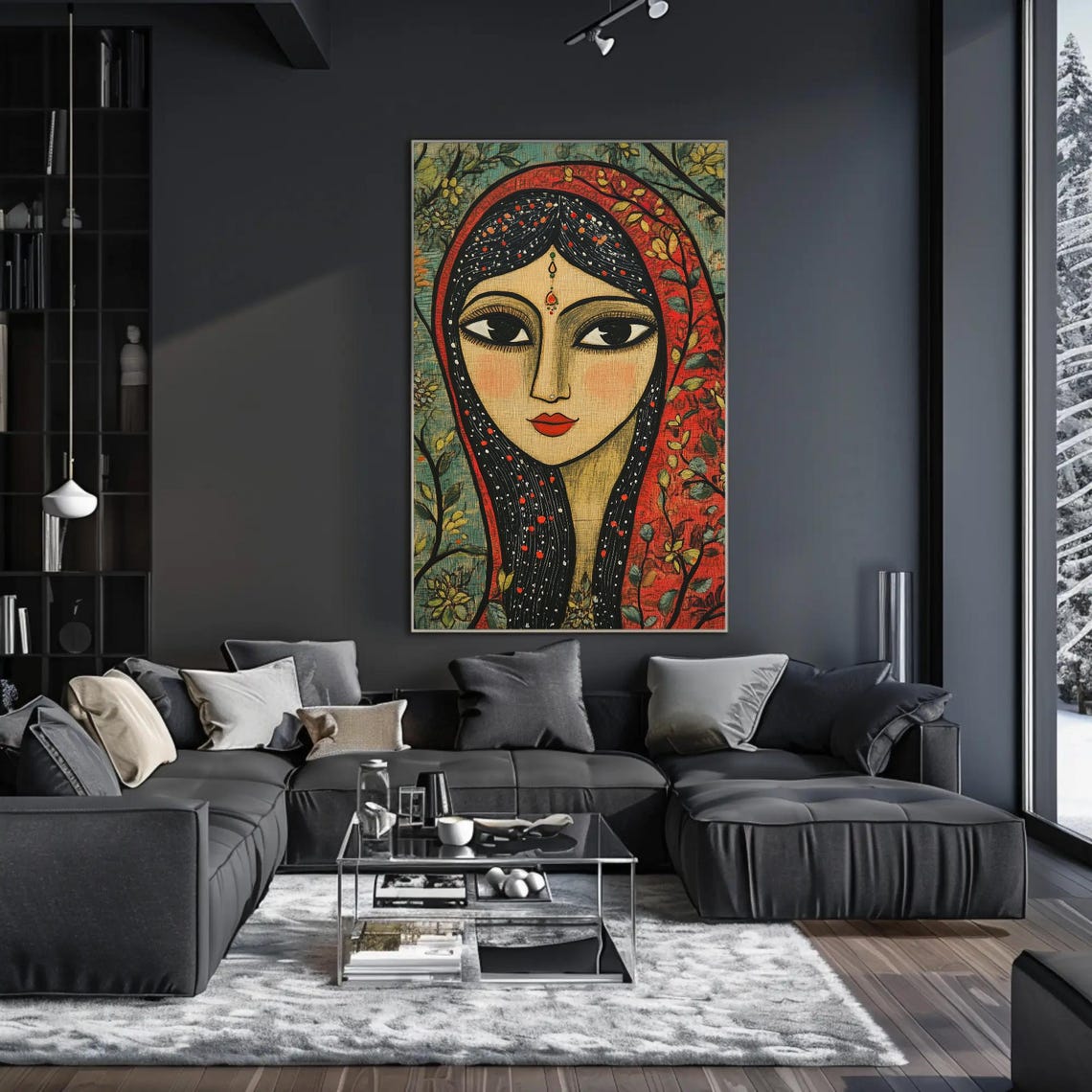 Madhubani Inspired Indian Woman Portrait With Red Dupatta Poster - Image 2