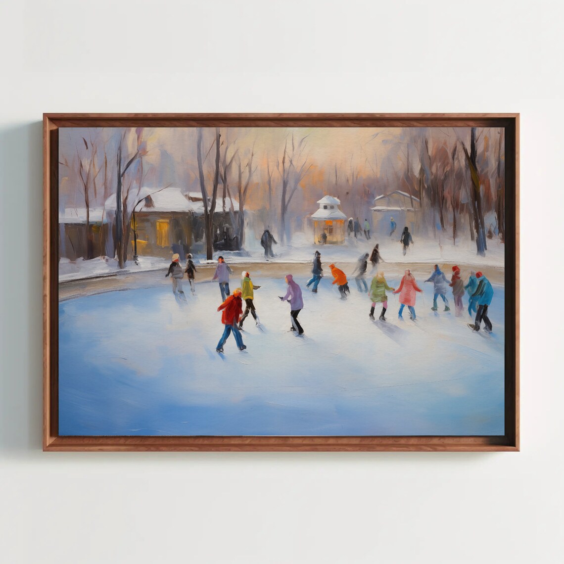 Ice Skating Oil Painting, Winter Christmas Art Print