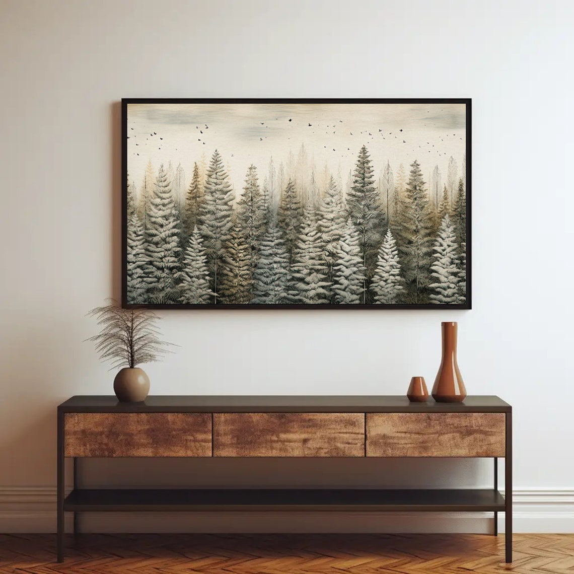 Snowy Pine Forest Panorama With Birds Winter Forest Scene Poster - Image 3