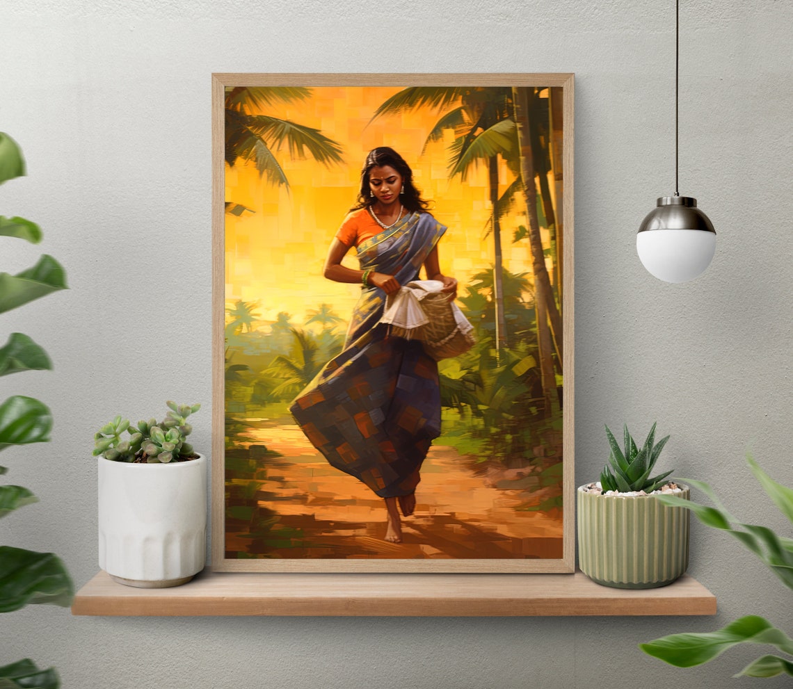 South Indian Village Woman Art South Indian Painting South Indian Oil Painting South Indian Home Decor South Indian Wall Art - Image 4