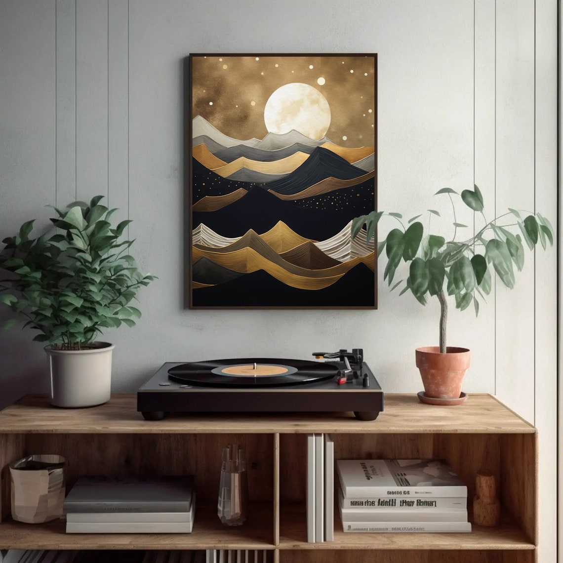 Golden Moon Over Black Mountains Modern Abstract Scene Poster - Image 2