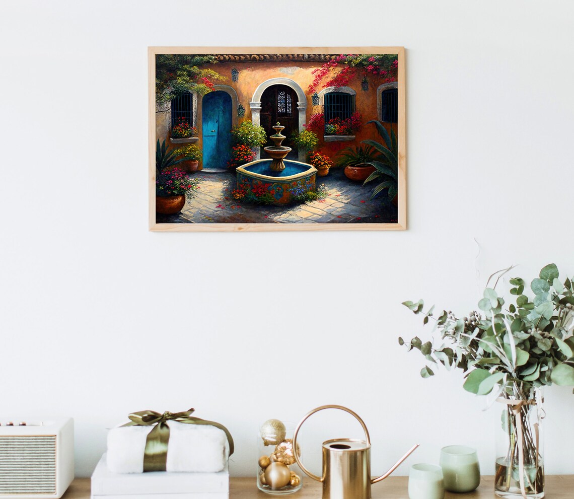 Mexican Courtyard Fountain Blue Door Bougainvillea Garden Art Poster - Image 4