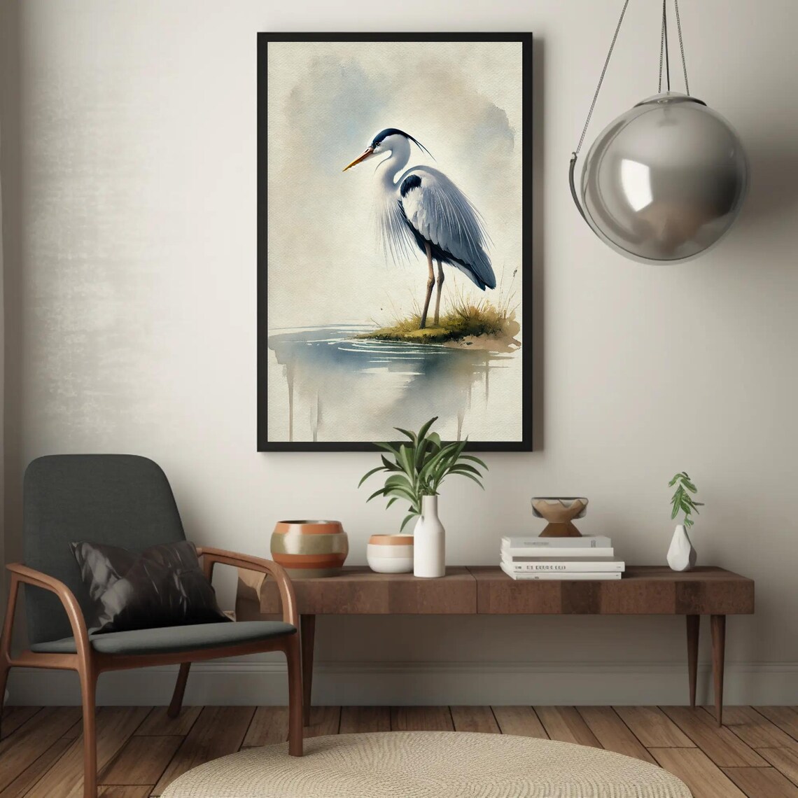 Solitary Grey Heron At Water Reflection Soft Watercolor Poster - Image 5