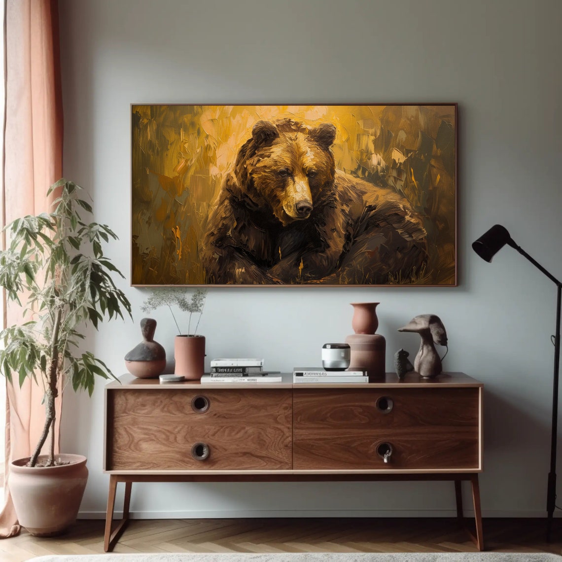 Brown Bear Resting Golden Grass Impasto Wildlife Painting Poster - Image 5