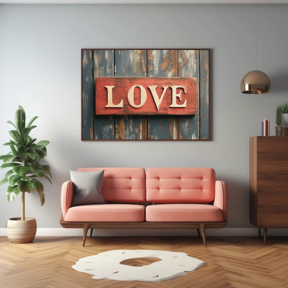Rustic Red LOVE Wooden Sign On Distressed Blue Barnwood Print - Image 3