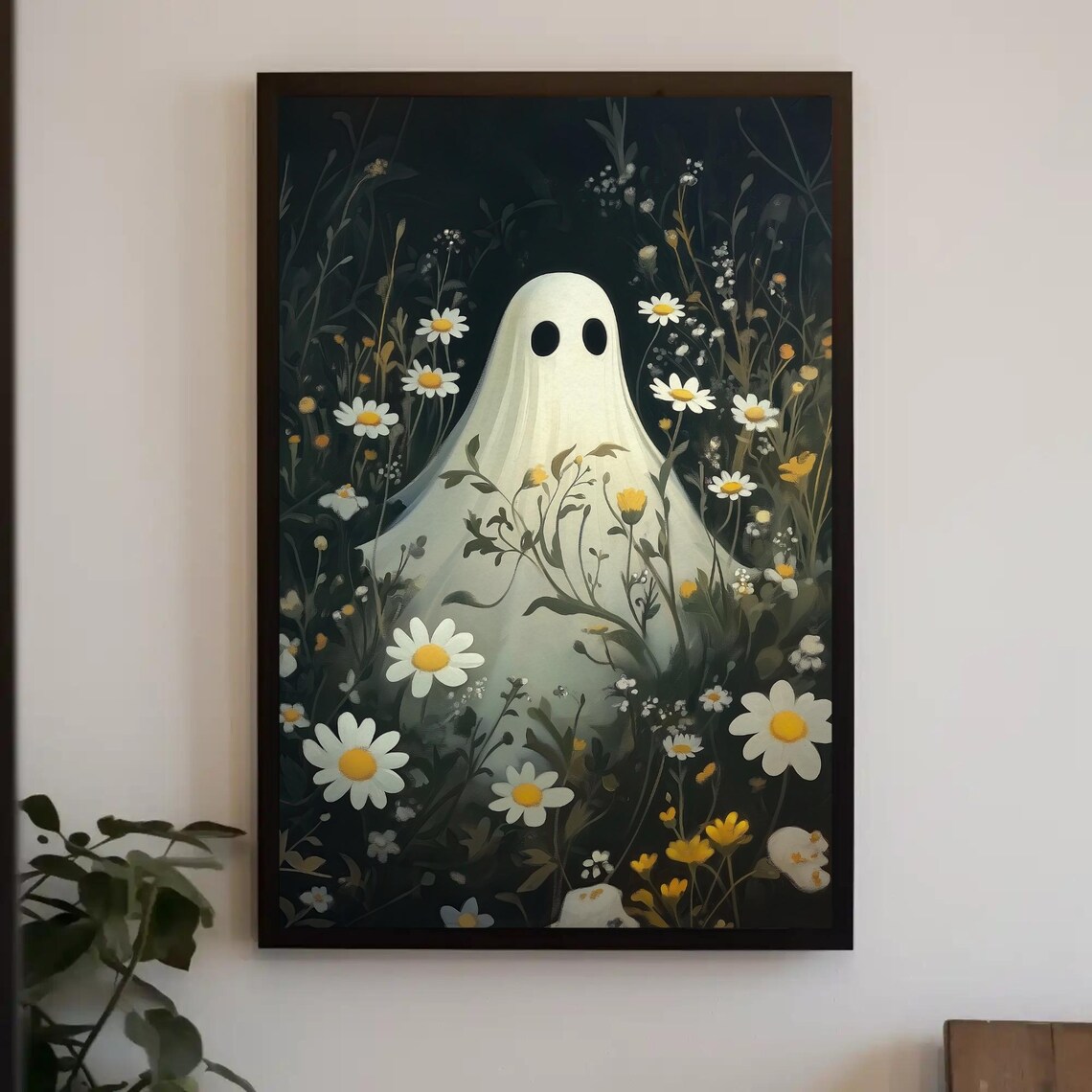 Cute Ghost Daisy Wildflower Field Dark Whimsical Spooky Halloween Poster