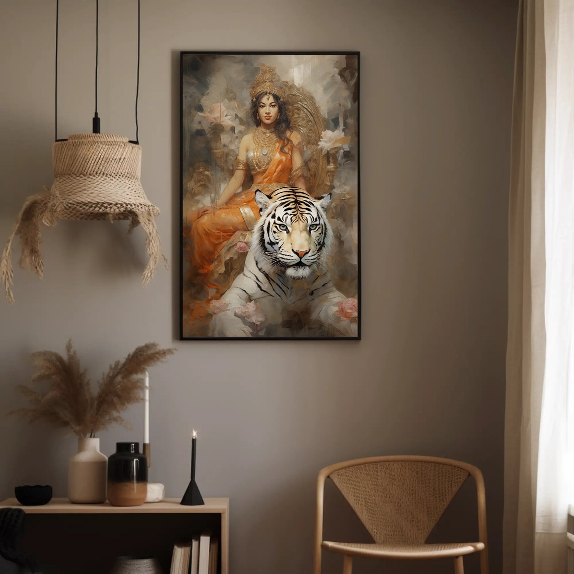 Hindu Goddess Durga White Tiger Orange Saree Deity Painting Poster - Image 5