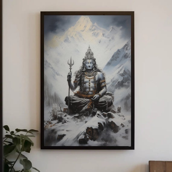 Shiva Meditating On Peak Of Kailash Parvat Himalayas Mountain Painting Hindu Wall Art Indian Deity Art Shivji Painting Spiritual