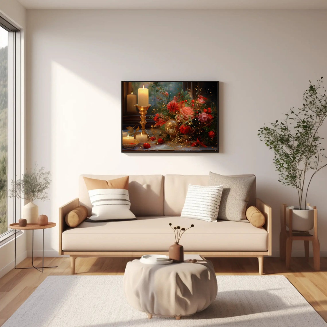 Christmas Candle and Red Rose Bouquet Festive Still Life Poster - Image 2