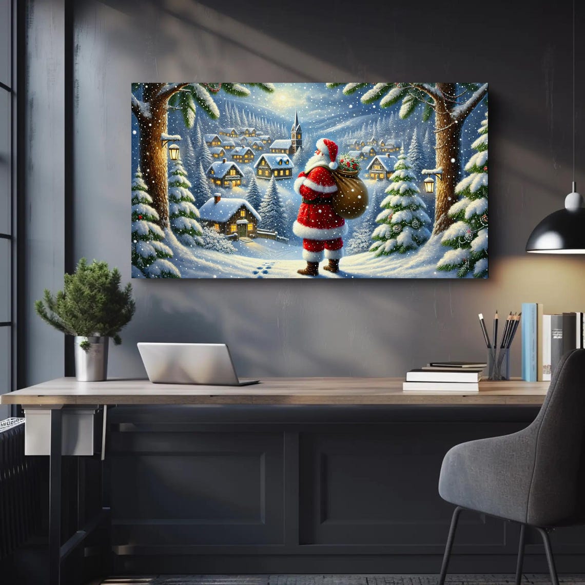 Santa Claus Walking Toward A Snowy Village Under Moonlight Poster - Image 4