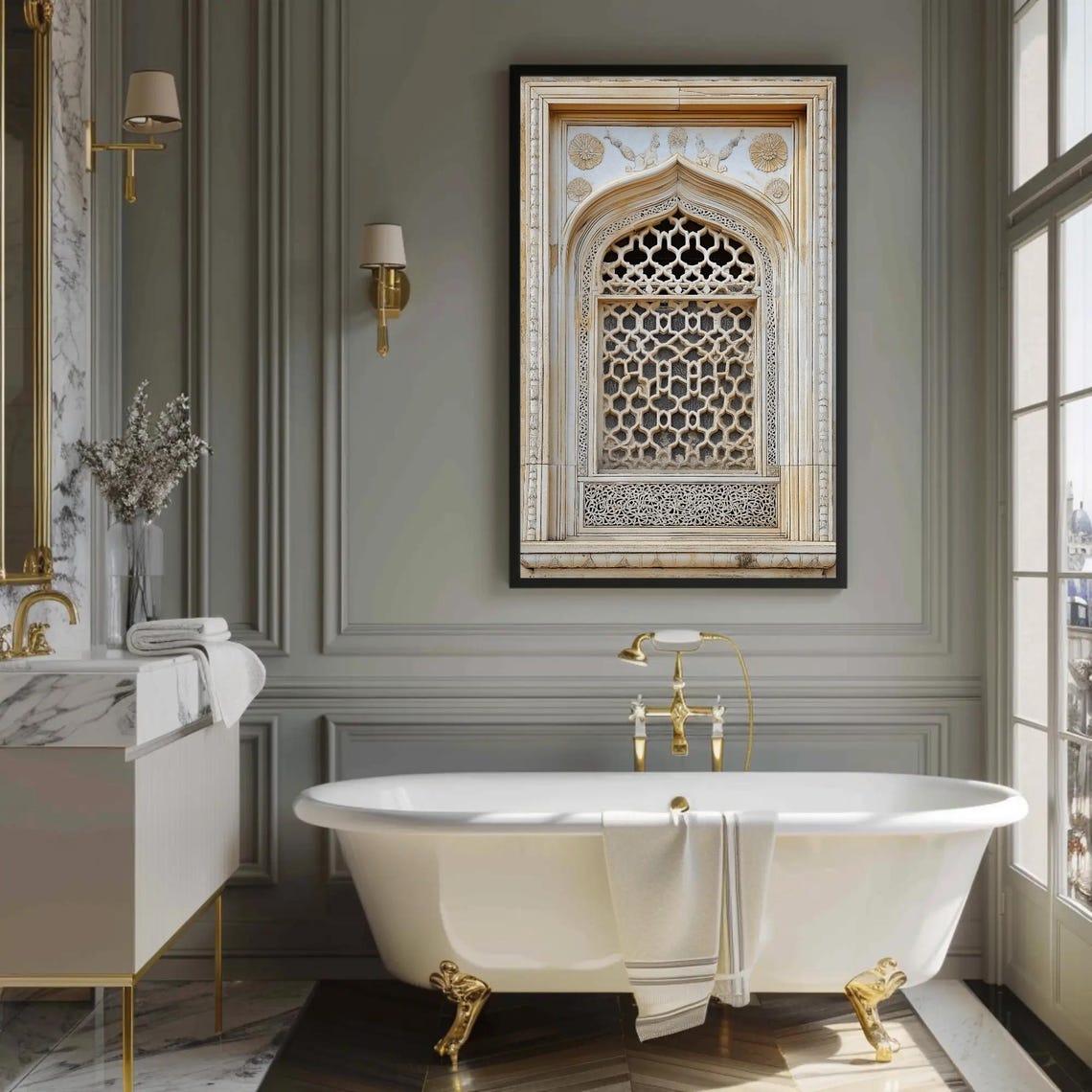 White Marble Jaali Window with Mughal Latticework Detail Art Poster - Image 2