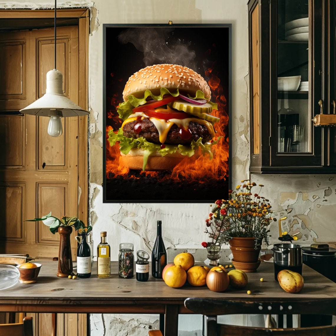 Gourmet Cheeseburger with Flames Juicy Food Photography Kitchen Poster - Image 2