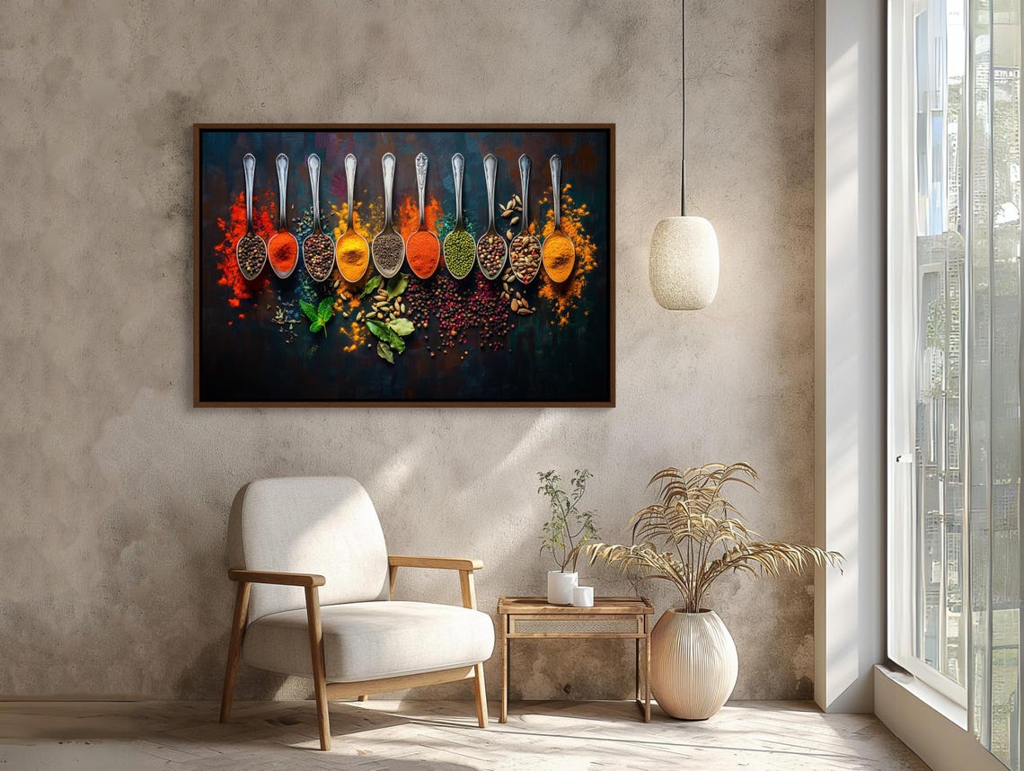 Colorful Spices In A Row Of Silver Spoons Kitchen Art Poster - Image 3
