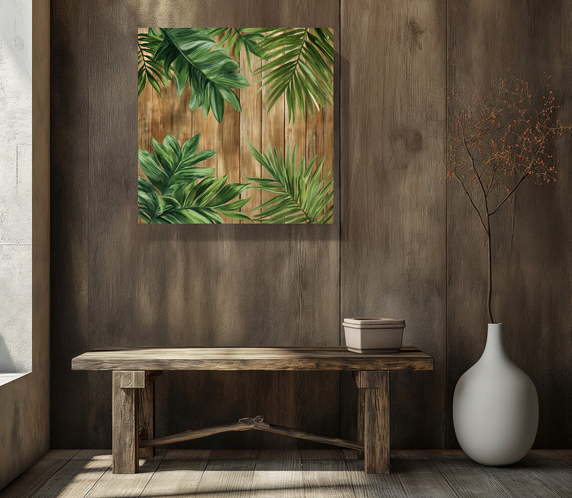 Tropical Green Palm Leaf Painting on Rustic Wood Farmhouse Poster - Image 3