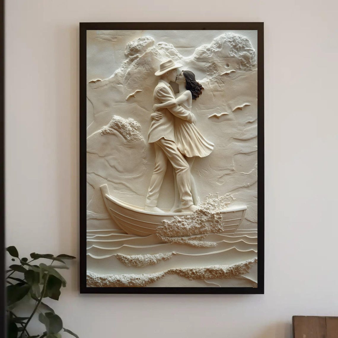 Romantic Couple Kissing on Boat White Sculpture Style Wall Art