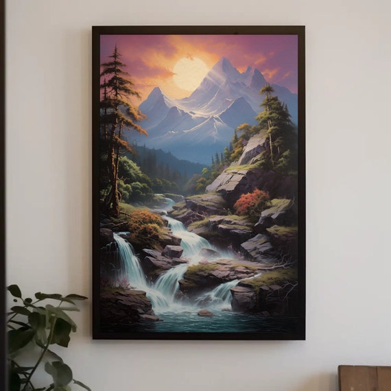 Mountain Sunset Waterfall Wall Art Vertical Forest Landscape Print Nature Decor For Living Room Bedroom Office