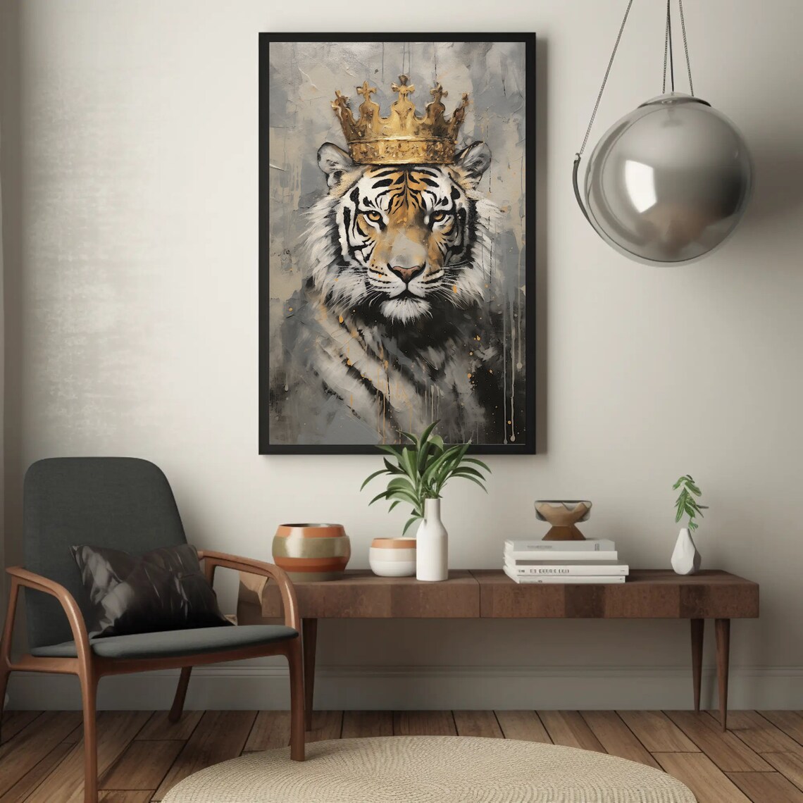 White Tiger Wearing Golden Crown Wildlife Portrait Art Poster - Image 3