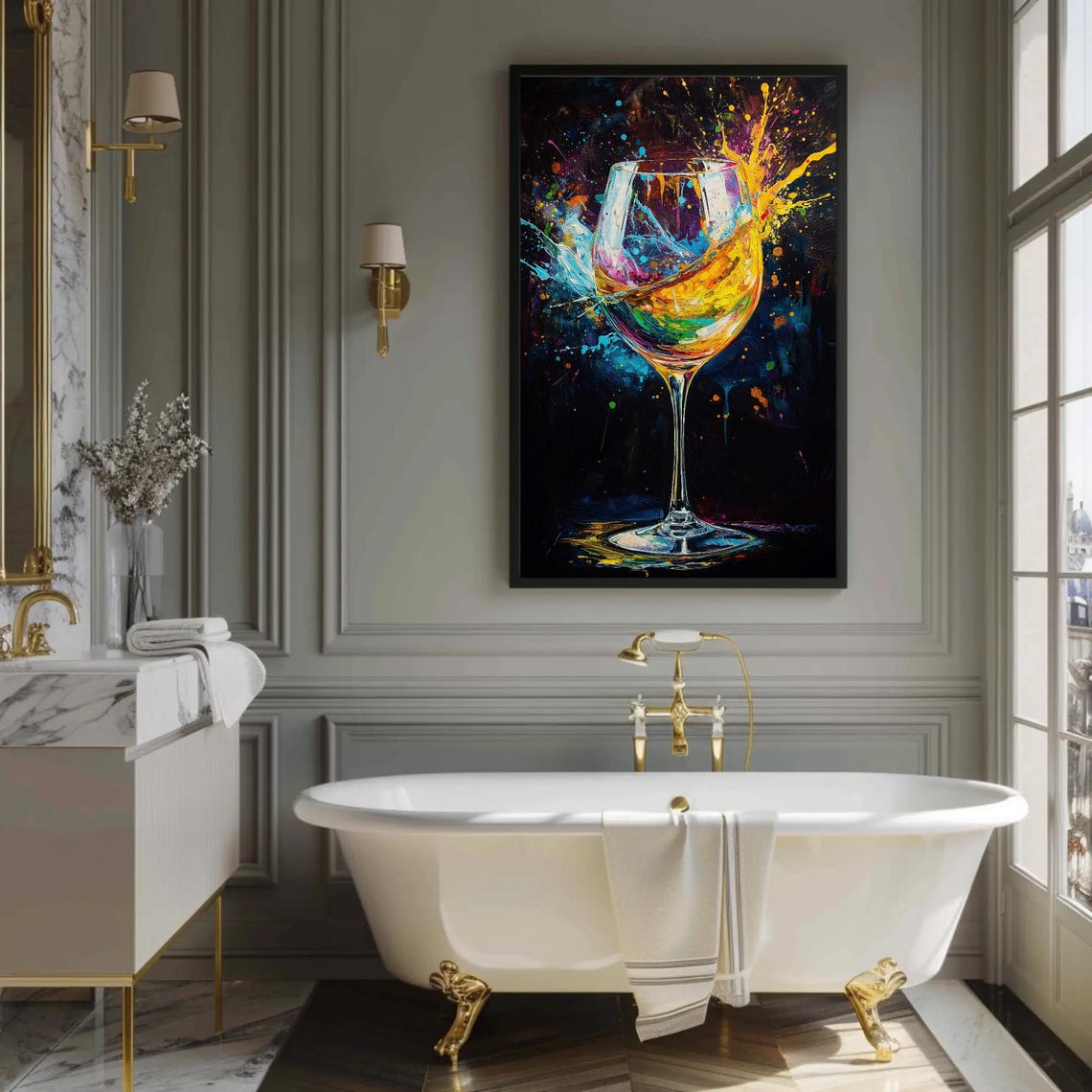 Vibrant Wine Glass Swirling with Colorful Paint Splash Art Poster - Image 2