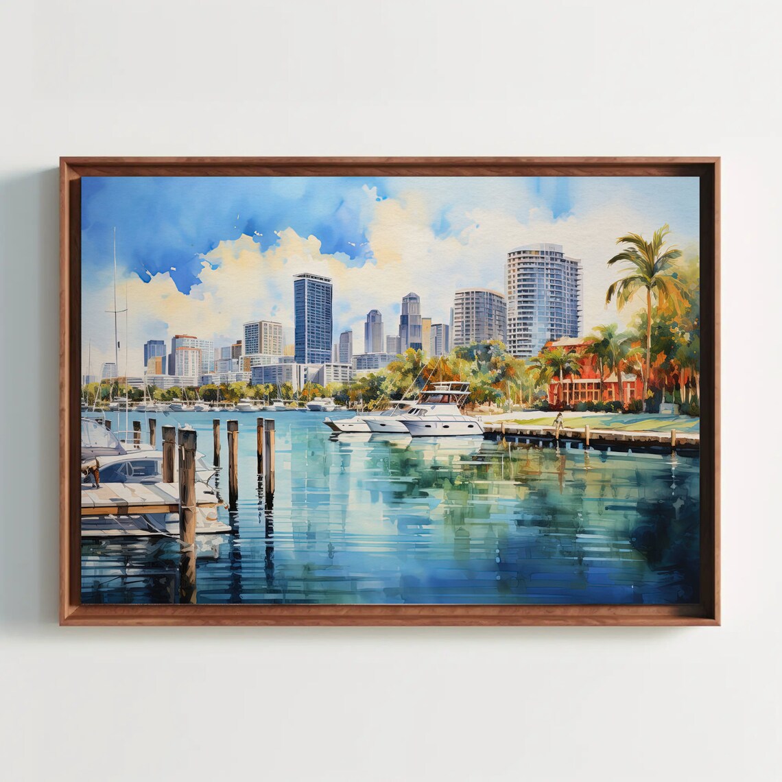 Miami Marina Waterfront with Skyline and Yachts Watercolor Poster