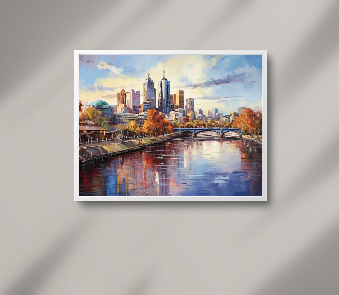 Melbourne Australia City Skyline and River in Autumn Hues Poster - Image 3