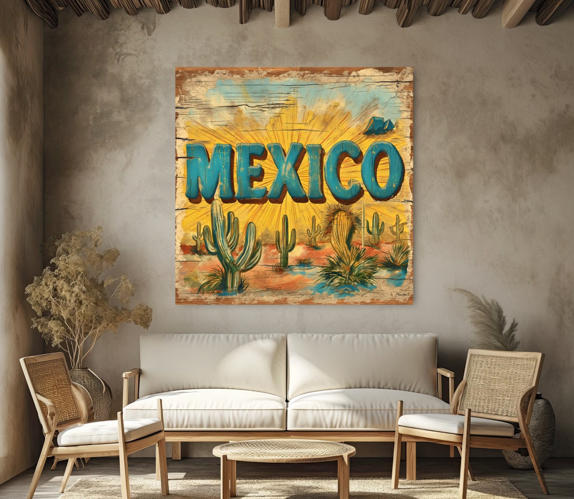Retro Mexico Desert Cacti Scene at Sunset Wood Sign Wall Poster - Image 4