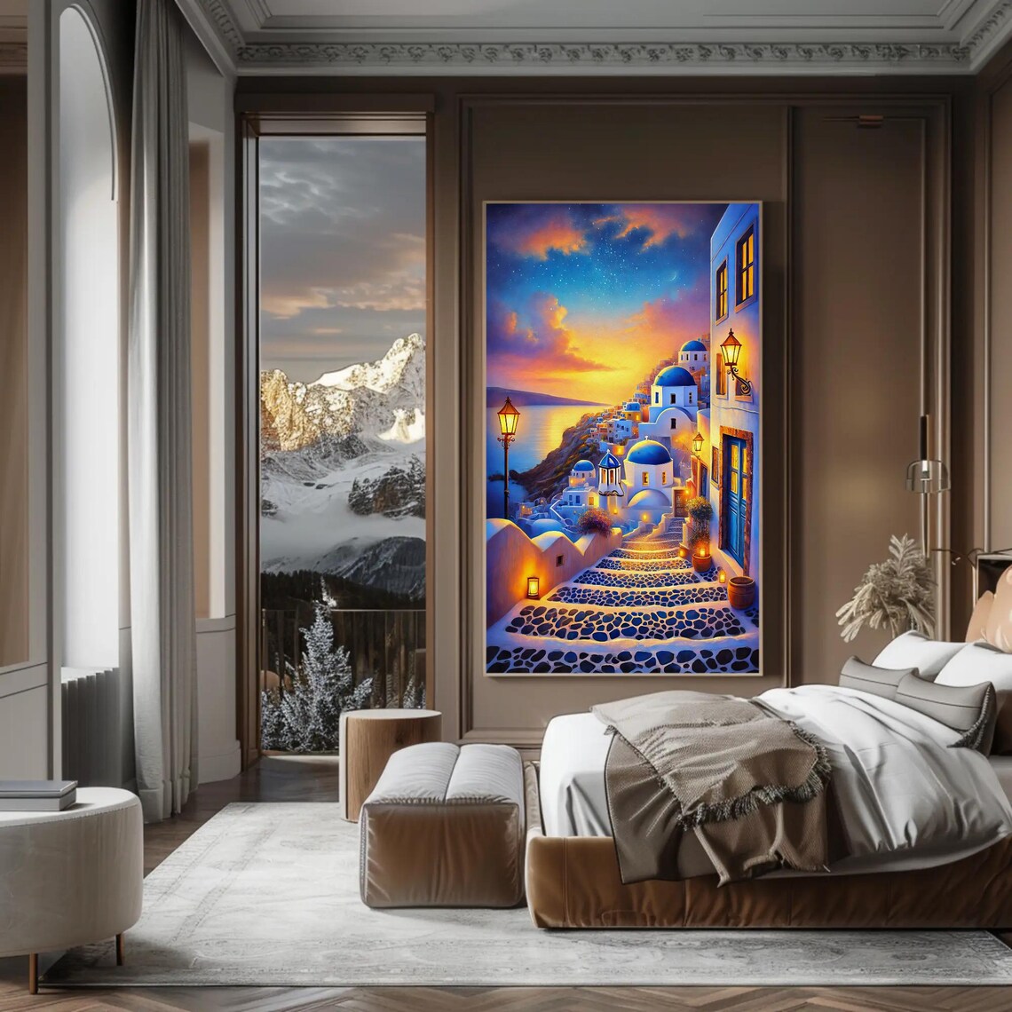 Santorini Evening Starry Sky Painting, Greek Coastal Art Print - Image 4