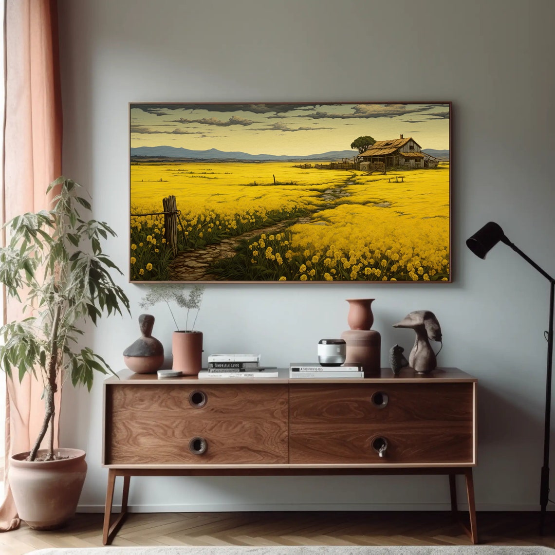 Mustard Field Farmhouse Stone Path Moody Yellow Landscape Poster - Image 3