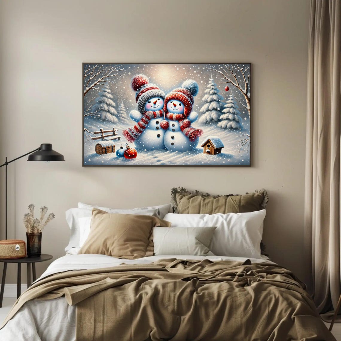 Cute Snowman Couple In A Snowy Christmas Forest Winter Poster - Image 3