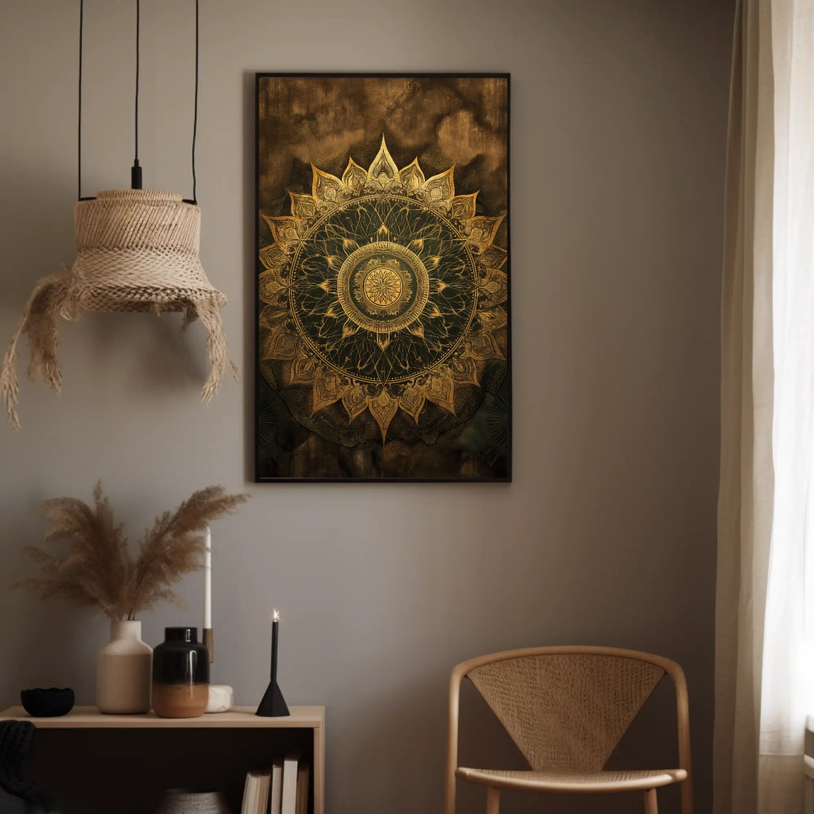 Gold Lotus Mandala Art on Dark Smoky Background Spiritual Wall Poster - Image 2