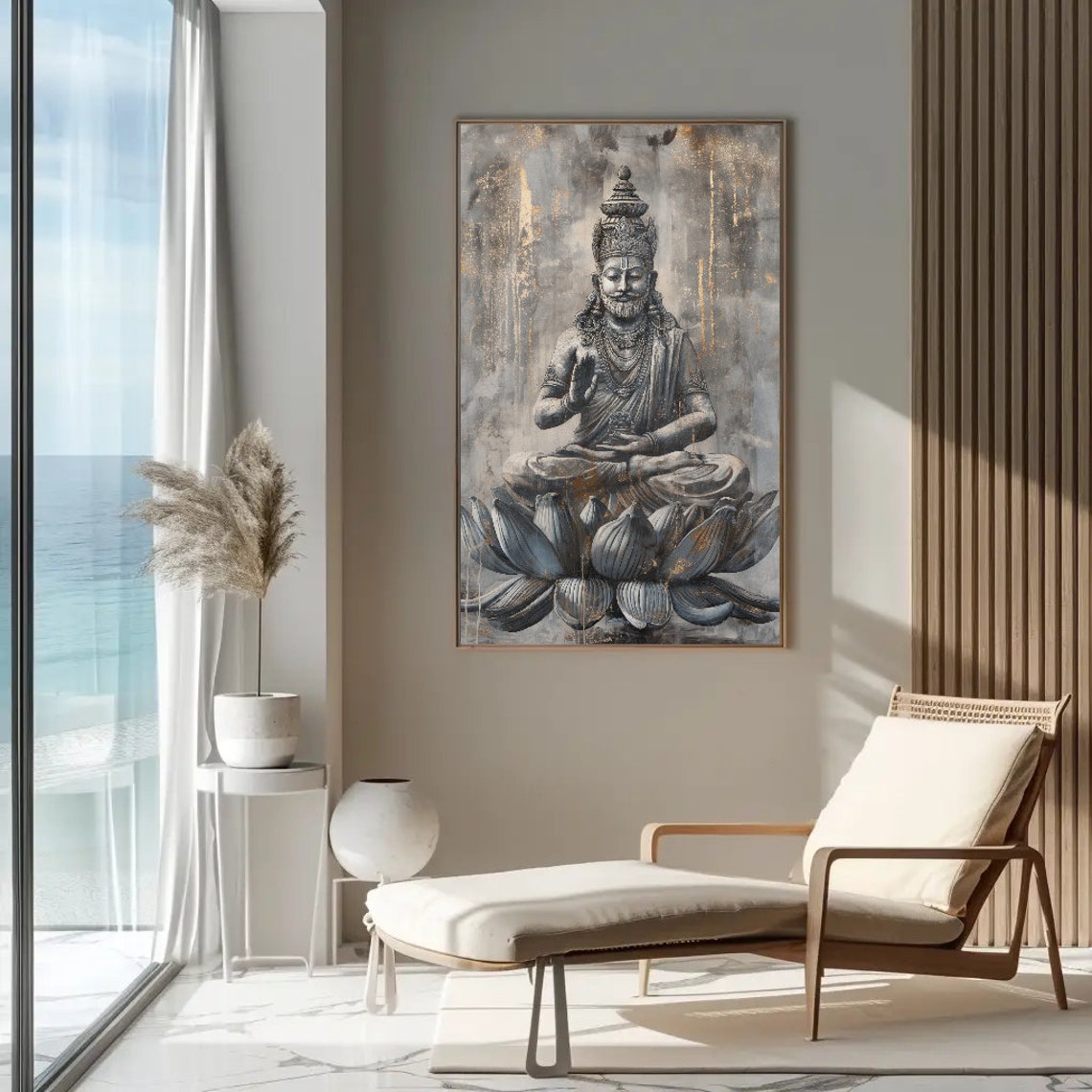 Brahma The Creator Seated Lotus Gray Gold Deity Painting Poster - Image 2