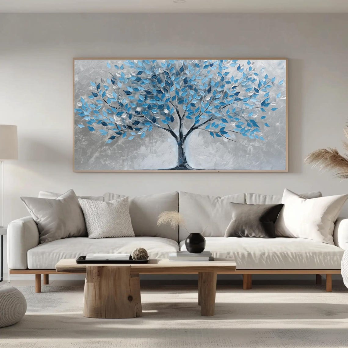 Blue Tree of Life Shimmering Leaves Silver Background Panoramic Poster - Image 3
