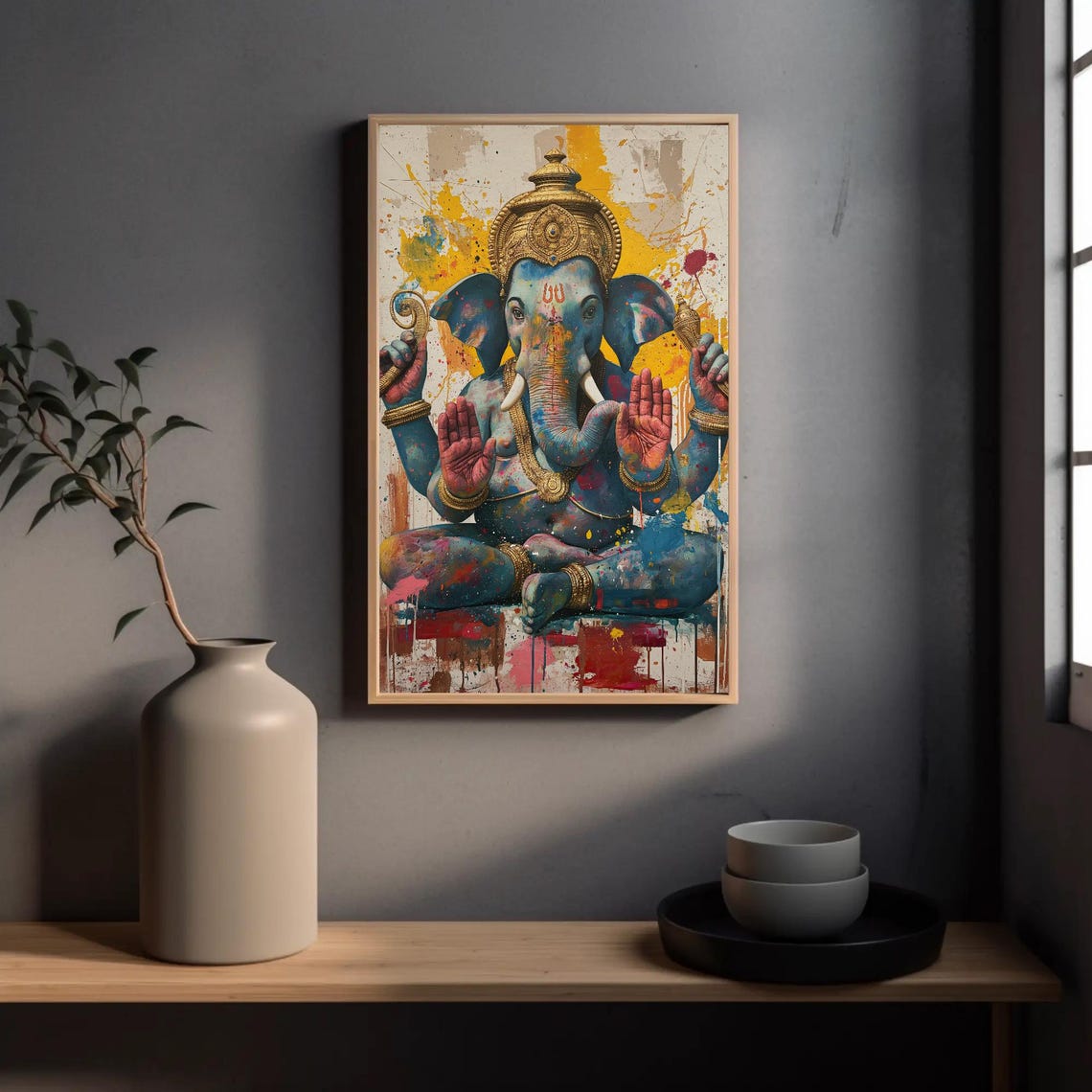 Colorful Ganesh Seated In Blessing Pose Paint Splash Art Poster - Image 5