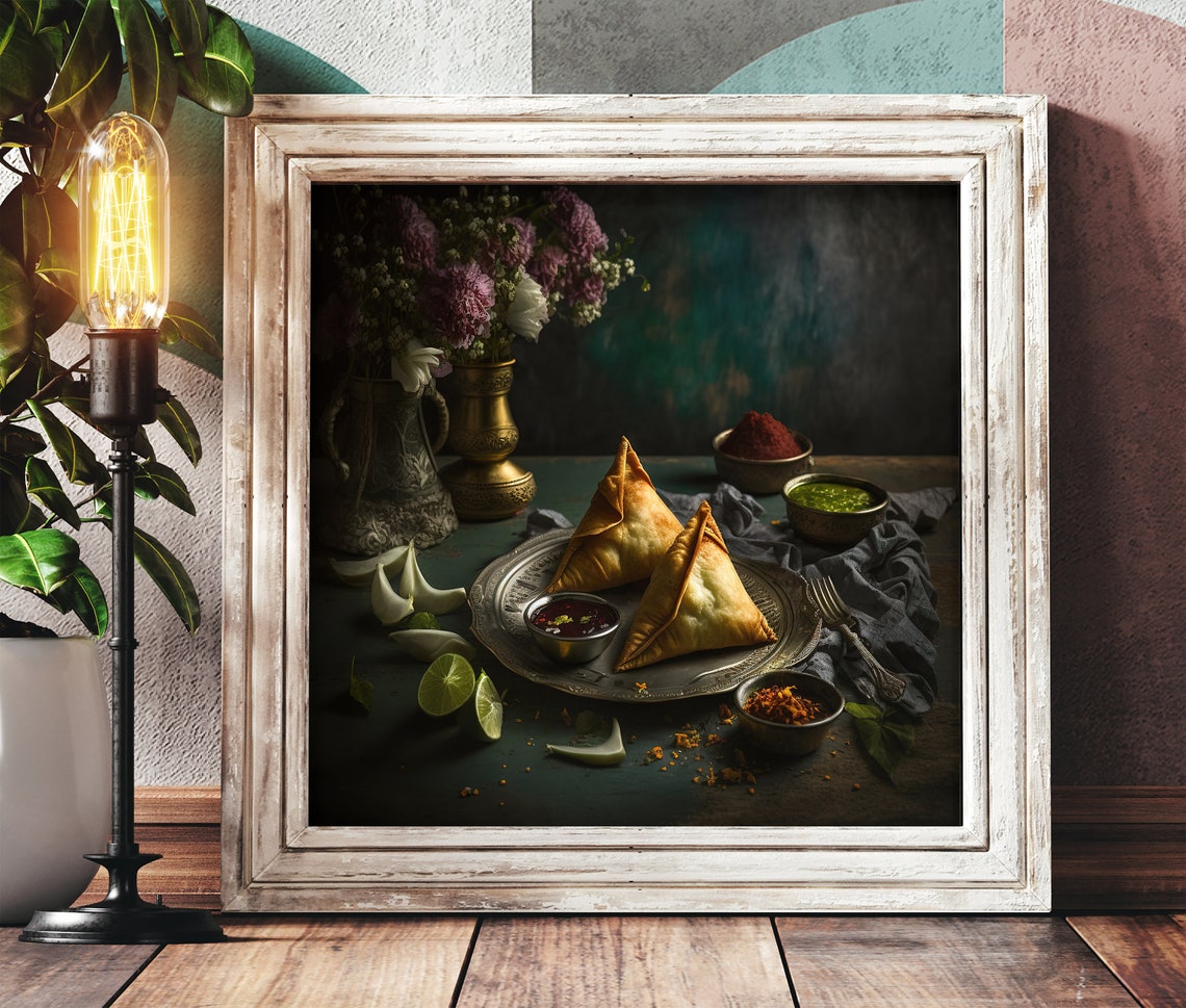 Samosas With Chutneys in Moody Indian Food Photography Poster
