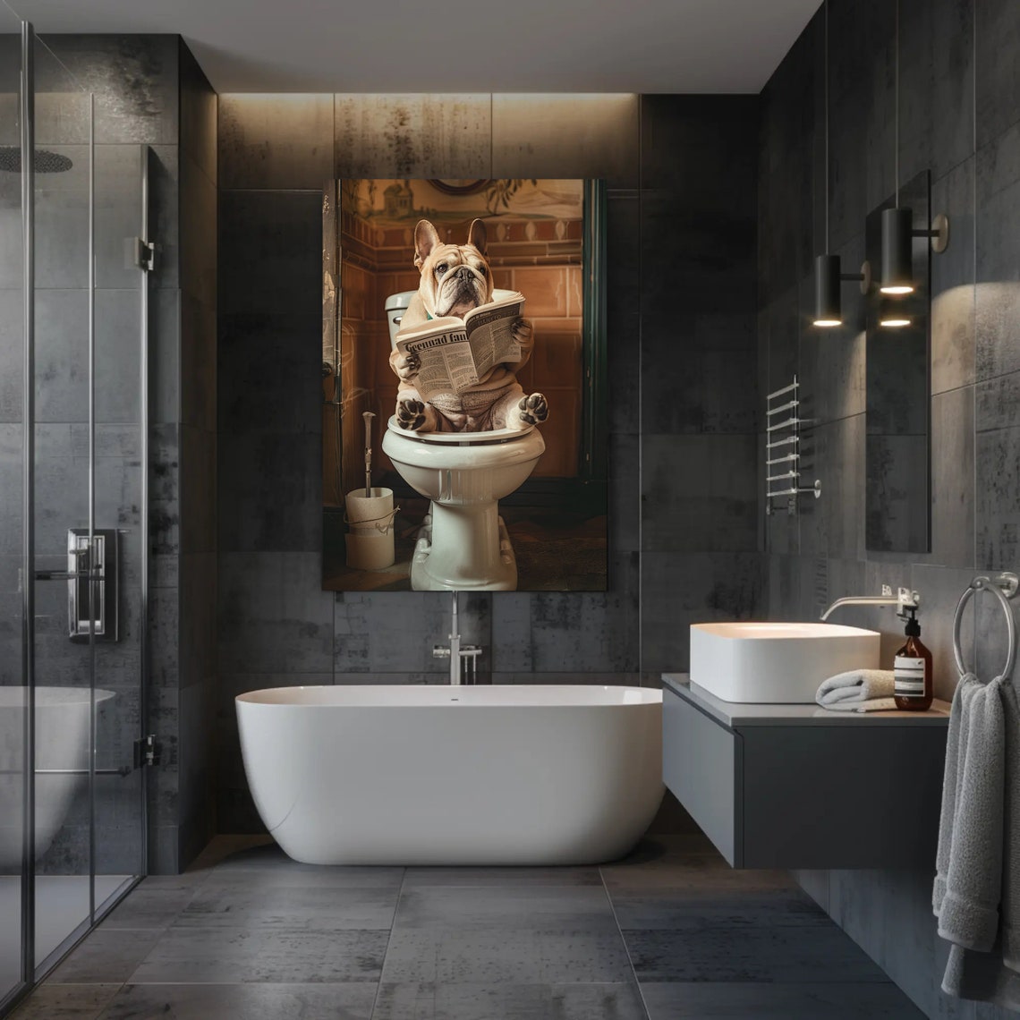 French Bulldog Reading Newspaper on Toilet Funny Bathroom Poster - Image 3