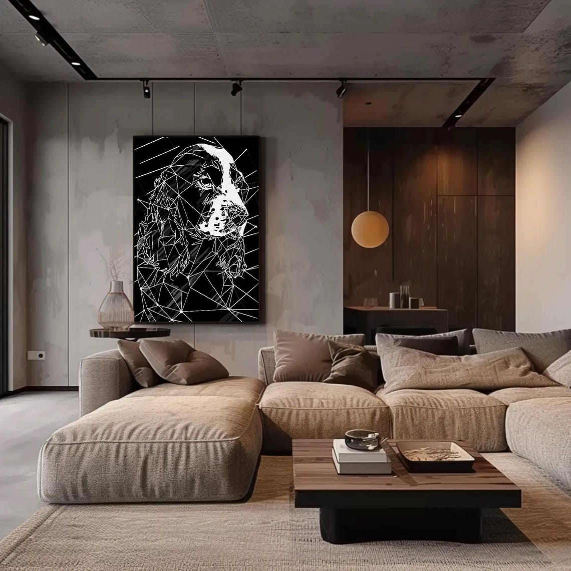 Geometric Dog Head White Line Black Background Modern Wall Art - Image 2